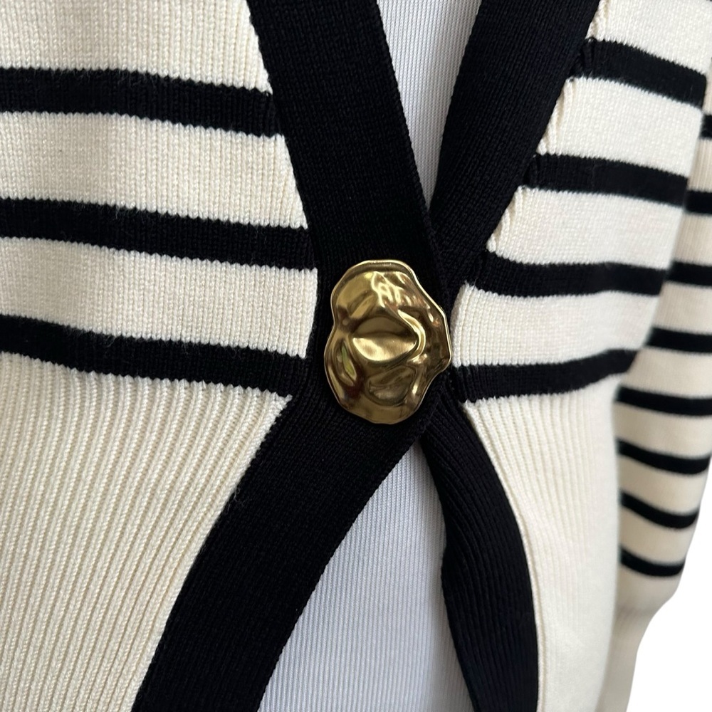 Urban Revivo Womens Striped Knit Cardigan Sweater Sz Lg Black Cream Gold Button - Picture 5 of 11